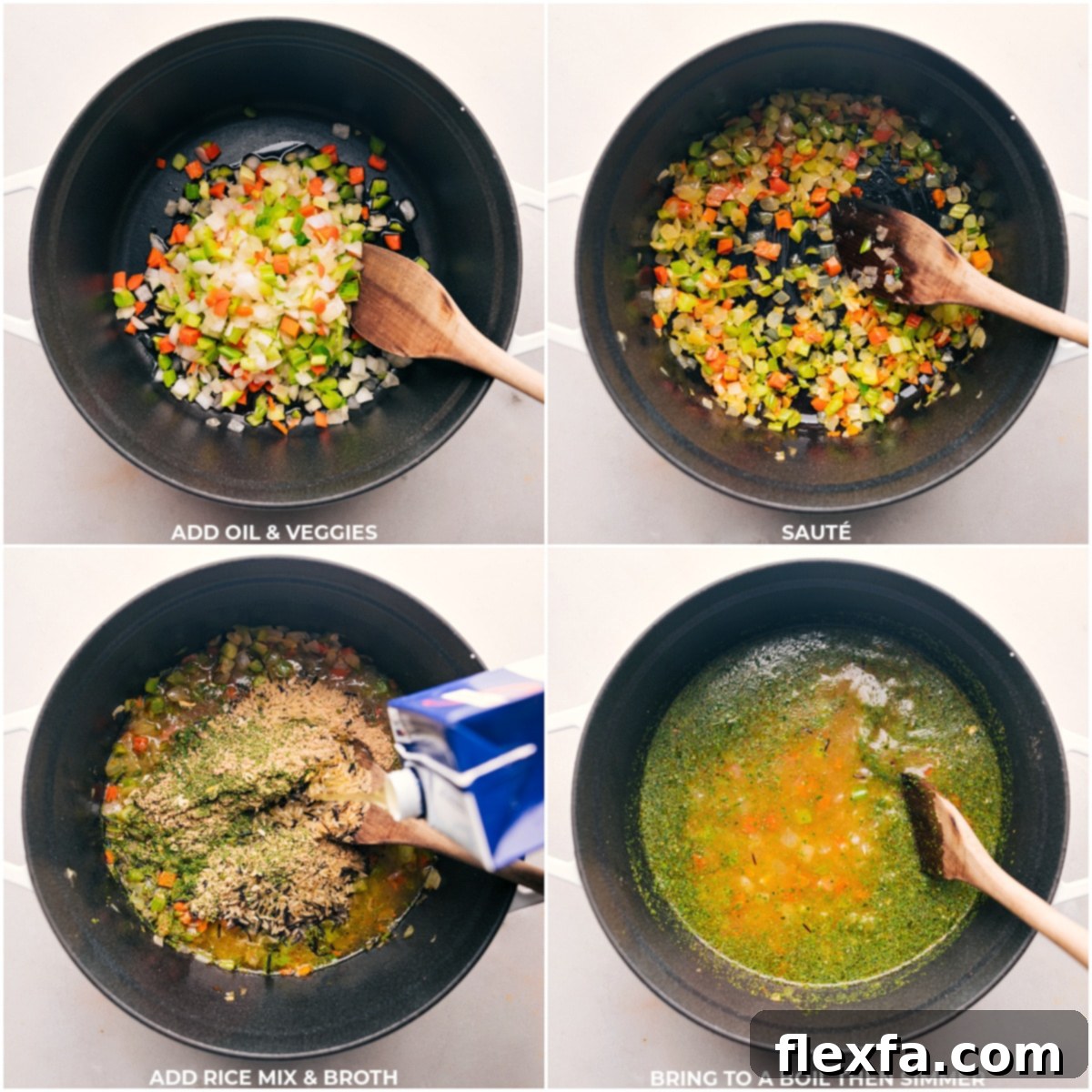 Olive oil, sautéed vegetables, wild rice mix, and chicken broth simmering together in a pot, the initial steps for making Creamy Chicken and Wild Rice Soup.