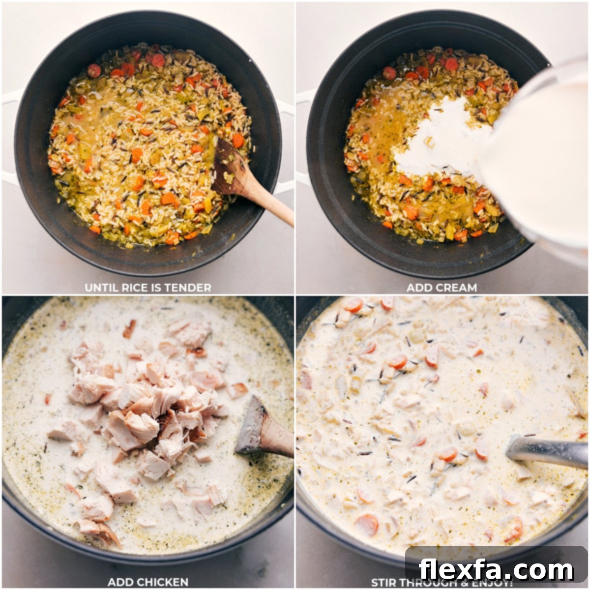 Heavy cream and diced rotisserie chicken being gently stirred into the pot of cooked wild rice and vegetables, completing the Creamy Chicken and Wild Rice Soup.