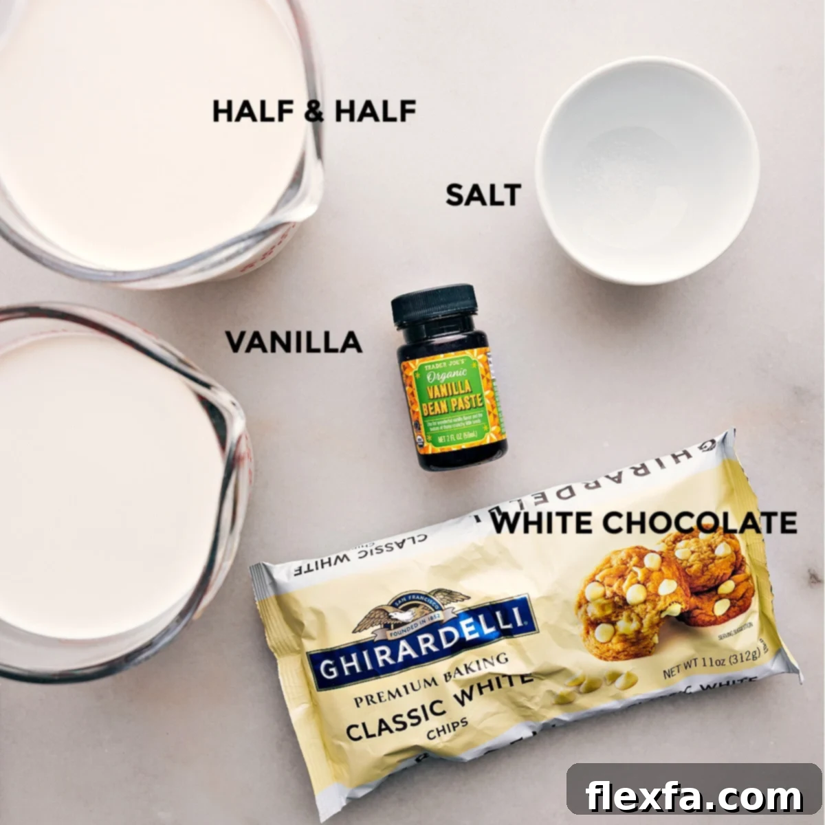 All the ingredients for making the delicious drink, including vanilla, half and half, salt, and more, laid out and ready for use.
