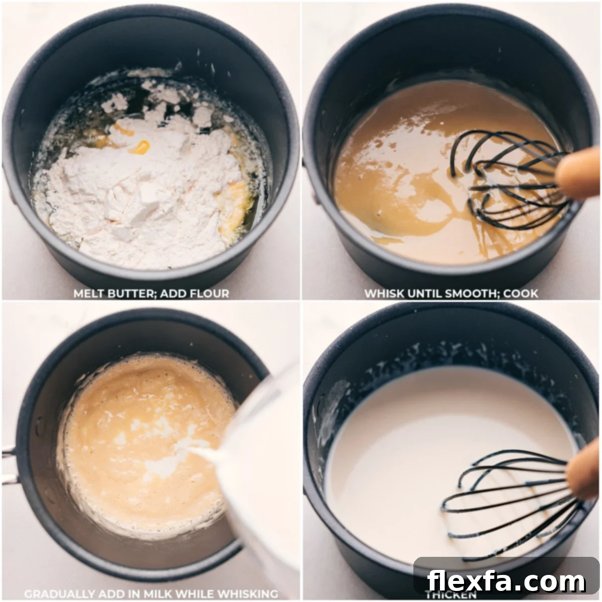 Whisk incorporating flour into melted butter in a pot to form a roux, then milk being gradually added for a smooth, thick sauce, illustrating the thickening process.