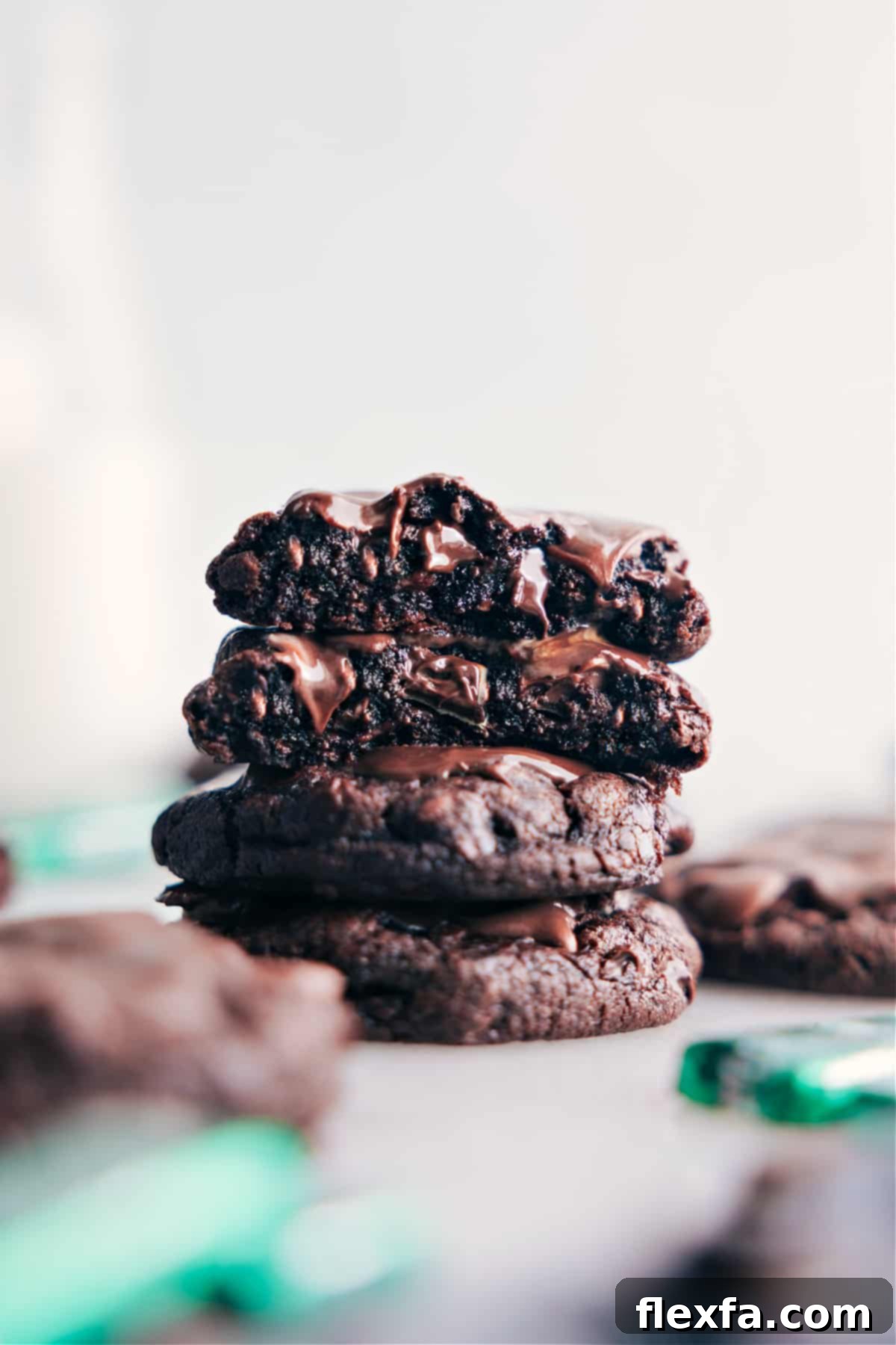 A stack of delicious andes mint cookies with chocolate dripping down, creating a mouth-watering dessert.