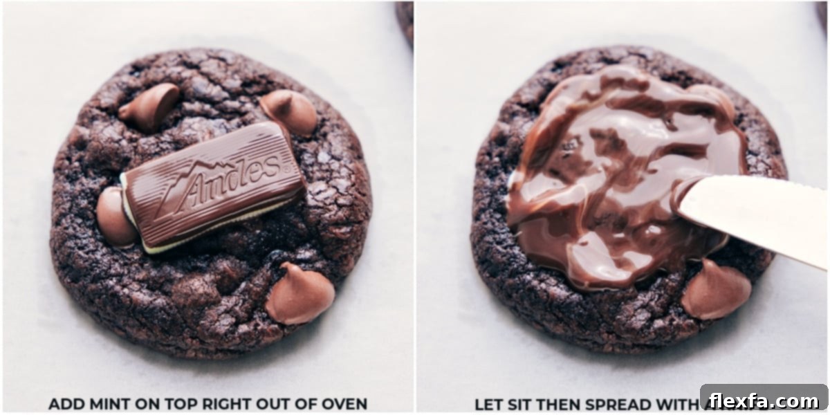 Adding the delicious andes mint on top of the cookies right out of the oven, letting it sit until melted and spreading it with a knife to cover the top of the delicious chocolate andes mint cookies.