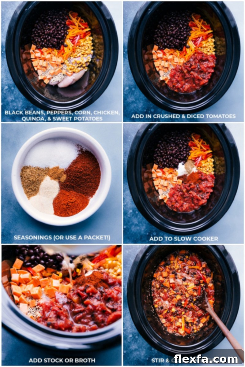 Process shots showing various fresh and canned ingredients being added to a slow cooker for Quinoa Fajitas.