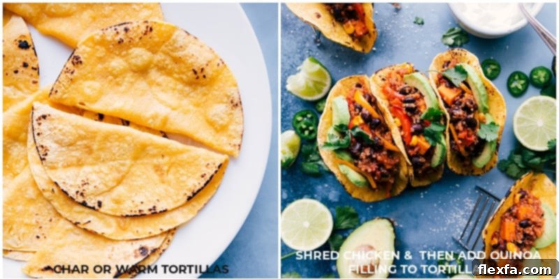 Process shots showing tortillas being lightly charred and then stuffed with the colorful Quinoa Fajita filling.