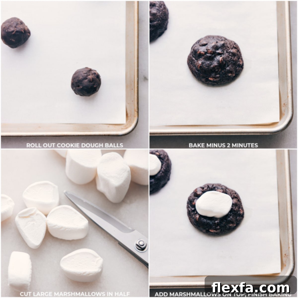 Step-by-Step: Making Chocolate Marshmallow Cookies A visual guide showing chocolate cookie dough being rolled and baked, followed by marshmallows being halved and placed onto partially baked cookies.