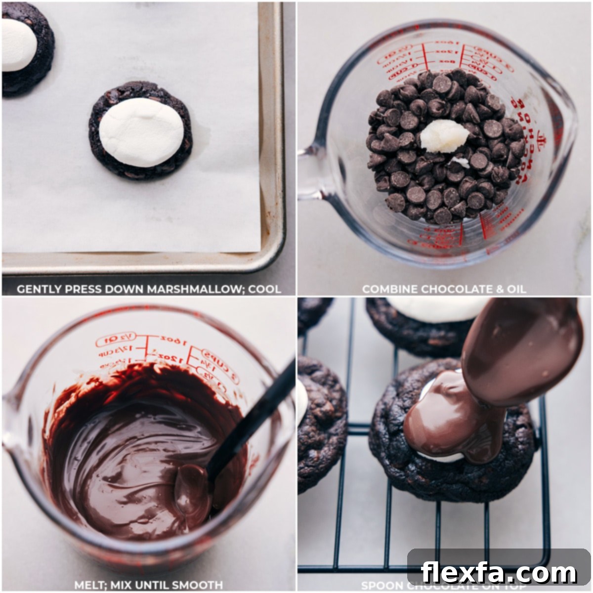Delicious Marshmallow Chocolate Cookies for Festive Occasions Marshmallow being pressed down on baked chocolate cookies, and melted chocolate being spread over the finished cookies, creating a festive look perfect for Christmas.