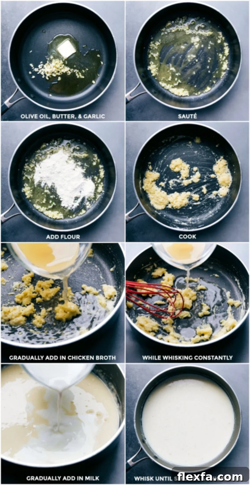 Heating olive oil, butter, and garlic, sautéing, adding flour, cooking for several minutes, stirring in broth, whisking to thicken, gradually whisking in milk, and stirring until thickened and smooth.