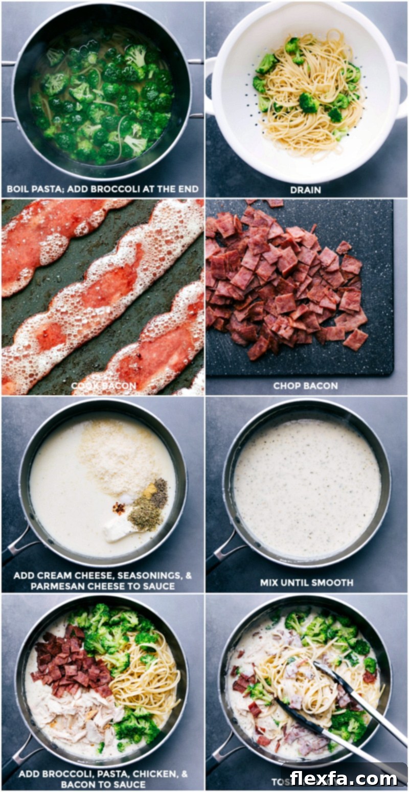 Boiling pasta and adding broccoli at the end, draining, cooking bacon, chopping it, adding cream cheese, seasonings, and parmesan cheese to the sauce, mixing until smooth, adding pasta, broccoli, bacon, and chicken to the sauce, mixing, and enjoying the chicken alfredo with broccoli.