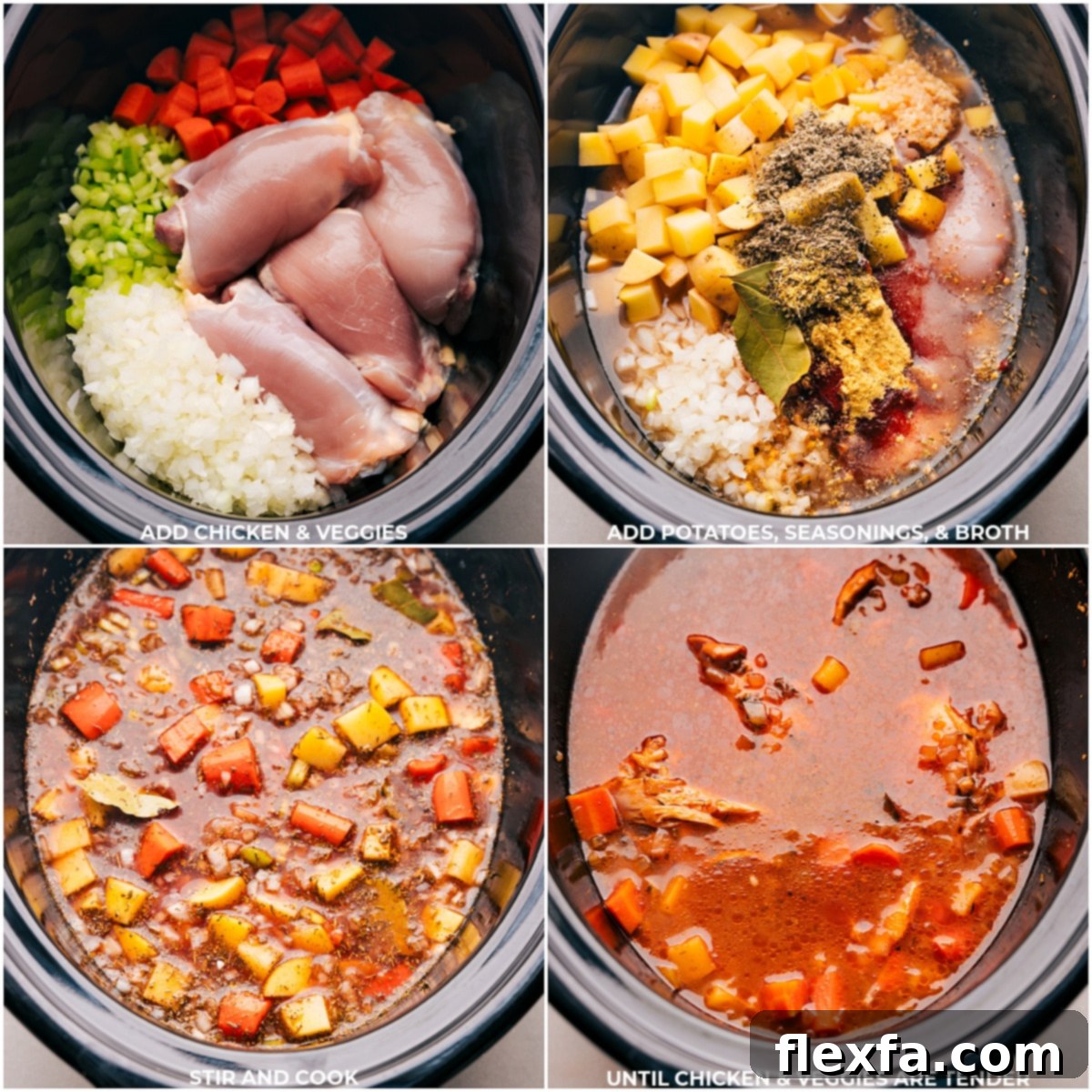 Chicken, veggies, potatoes, seasonings, and broth all being added to a crockpot for this Crockpot Chicken Stew.