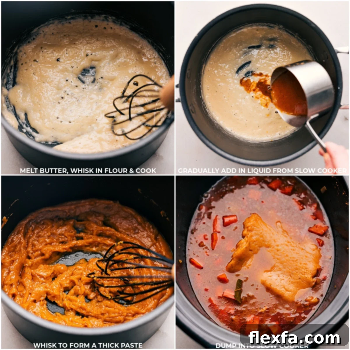 Butter and flour being whisked together and poured into the slow cooker for a roux.