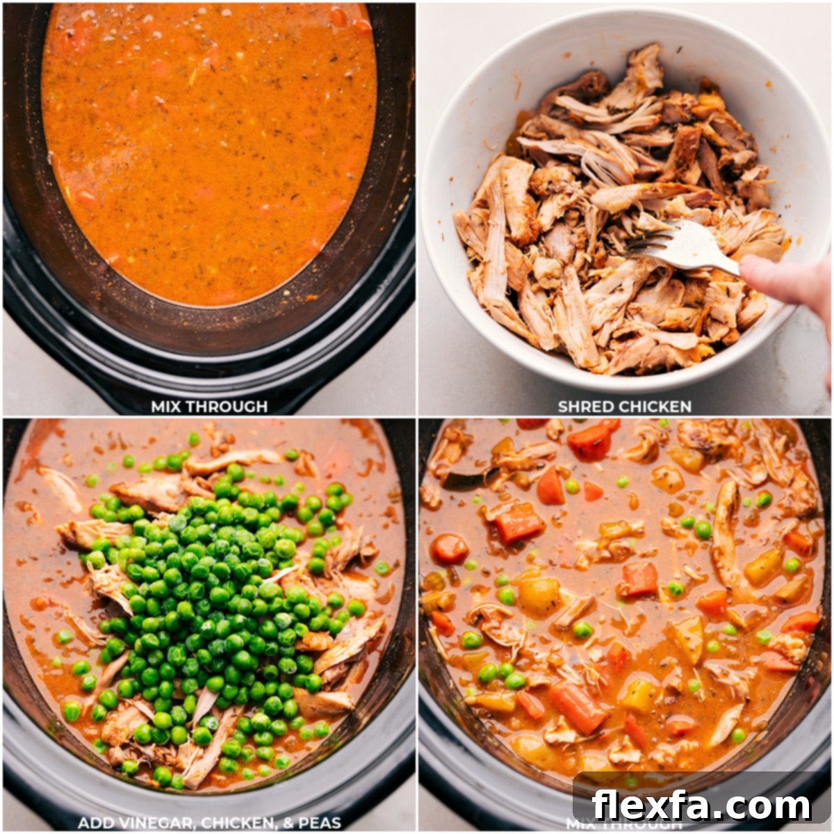 Chicken being removed from the cooked stew and shredded then added back with the vinegar and peas.