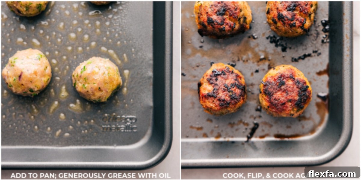 Making Greek Turkey Meatballs Greek Turkey Meatballs baking in the oven, then flipped halfway to brown evenly, showcasing the cooking process.