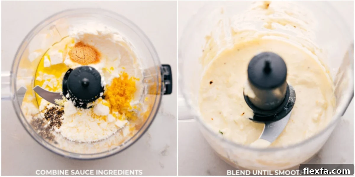 Making Greek Turkey Meatball Sauce Combining Greek yogurt, feta cheese, lemon, and olive oil in a food processor until the sauce is smooth and creamy.