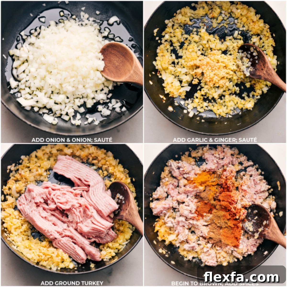 The initial cooking stage for Indian Ground Turkey Bowls, showing finely diced yellow onions being expertly sautéed in a hot pan until they become softened and translucent. Subsequently, fragrant minced garlic and ginger are added and lightly cooked, followed by the introduction of lean ground turkey, which is then browned. Finally, a vibrant array of aromatic Indian spices is generously stirred in, infusing the meat with rich, complex flavors.