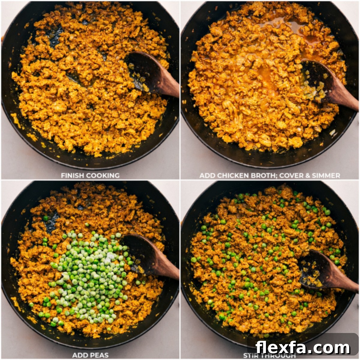 The delicious Indian ground turkey mixture is gently simmering in chicken broth, allowing all the rich spices to meld perfectly and deepen in flavor. Towards the end of the cooking process, vibrant green frozen peas are carefully folded in, enhancing both the visual appeal and the texture of this savory and aromatic dish.