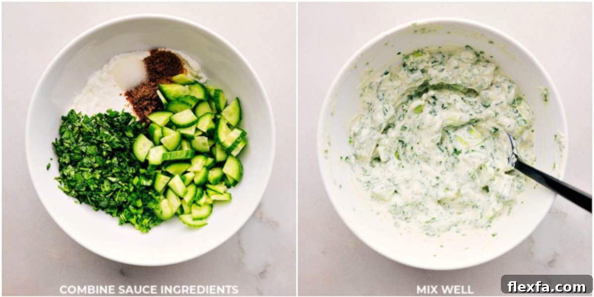 Various fresh ingredients for the homemade cucumber yogurt sauce (raita) are neatly arranged in separate bowls, poised for combination and thorough mixing. These include creamy plain Greek yogurt, finely chopped English or Persian cucumber, vibrant fresh cilantro, thinly sliced green onions, and a selection of ground spices, meticulously illustrating the preparation for this refreshing accompaniment to the Indian Ground Turkey Bowls.