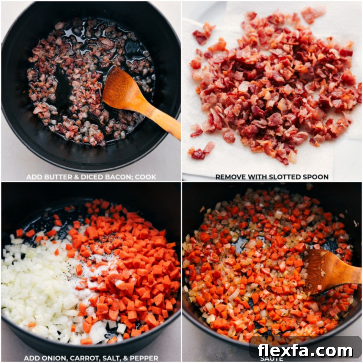 Process shots showing the initial steps of making Cheesy Potato Soup: cooking bacon, sautéing vegetables, and adding potatoes.
