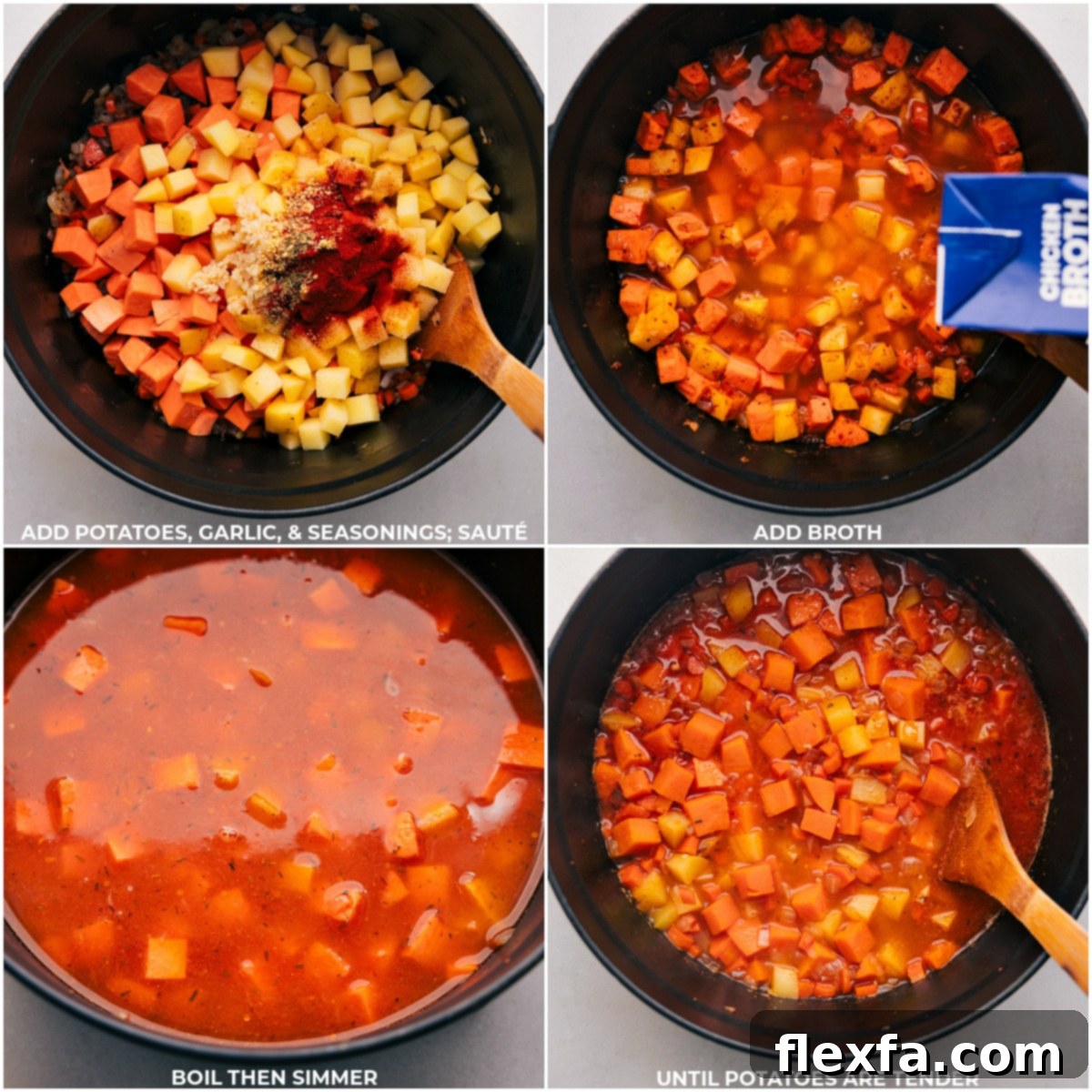Process steps showcasing the thickening of Cheesy Potato Soup with a roux and the addition of cheese.