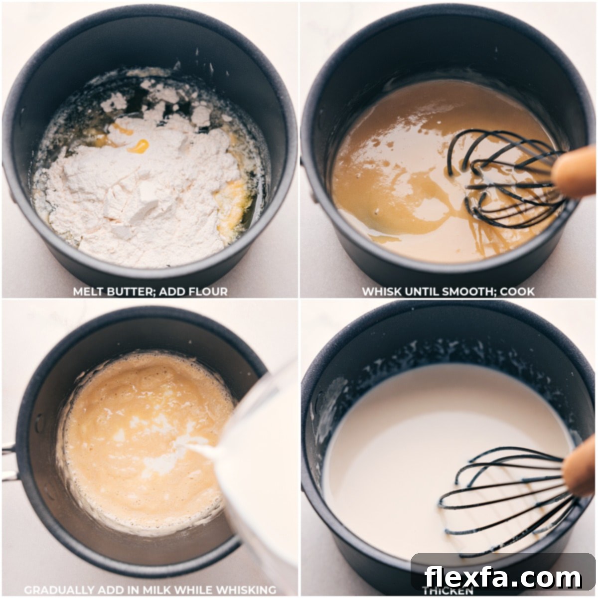 Butter melting in a pot with flour being added and whisked until smooth, followed by the gradual addition of milk to achieve a thick consistency for the roux.