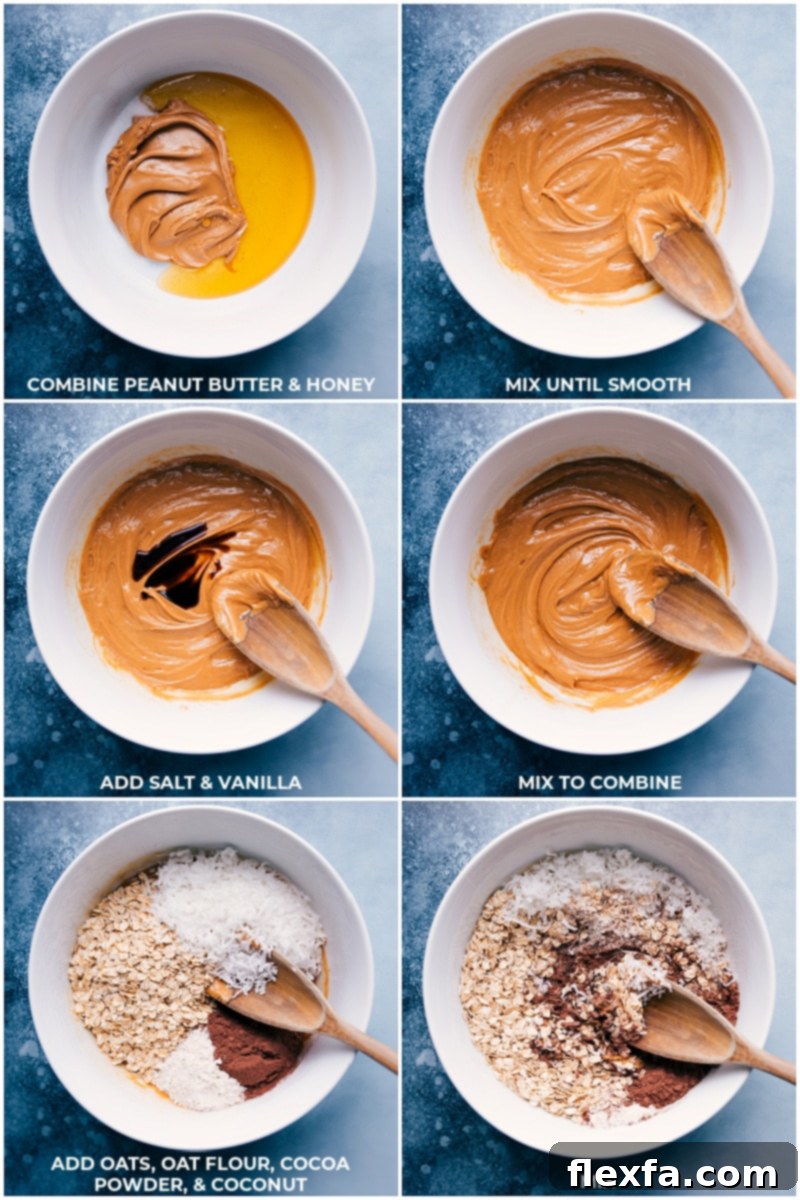 Process shots: combining wholesome ingredients for healthy no-bake chocolate peanut butter breakfast cookies.