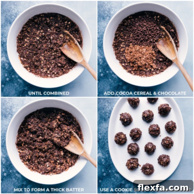 Process shots: mixing ingredients and forming cookie balls for healthy no-bake chocolate peanut butter breakfast cookies.