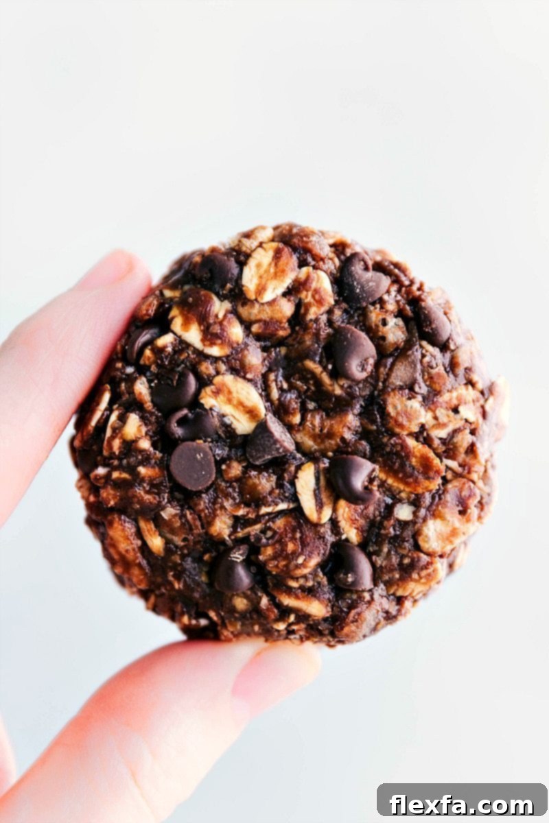 Two No-Bake Chocolate Peanut Butter Breakfast Cookies held up, showing their size and satisfying texture.