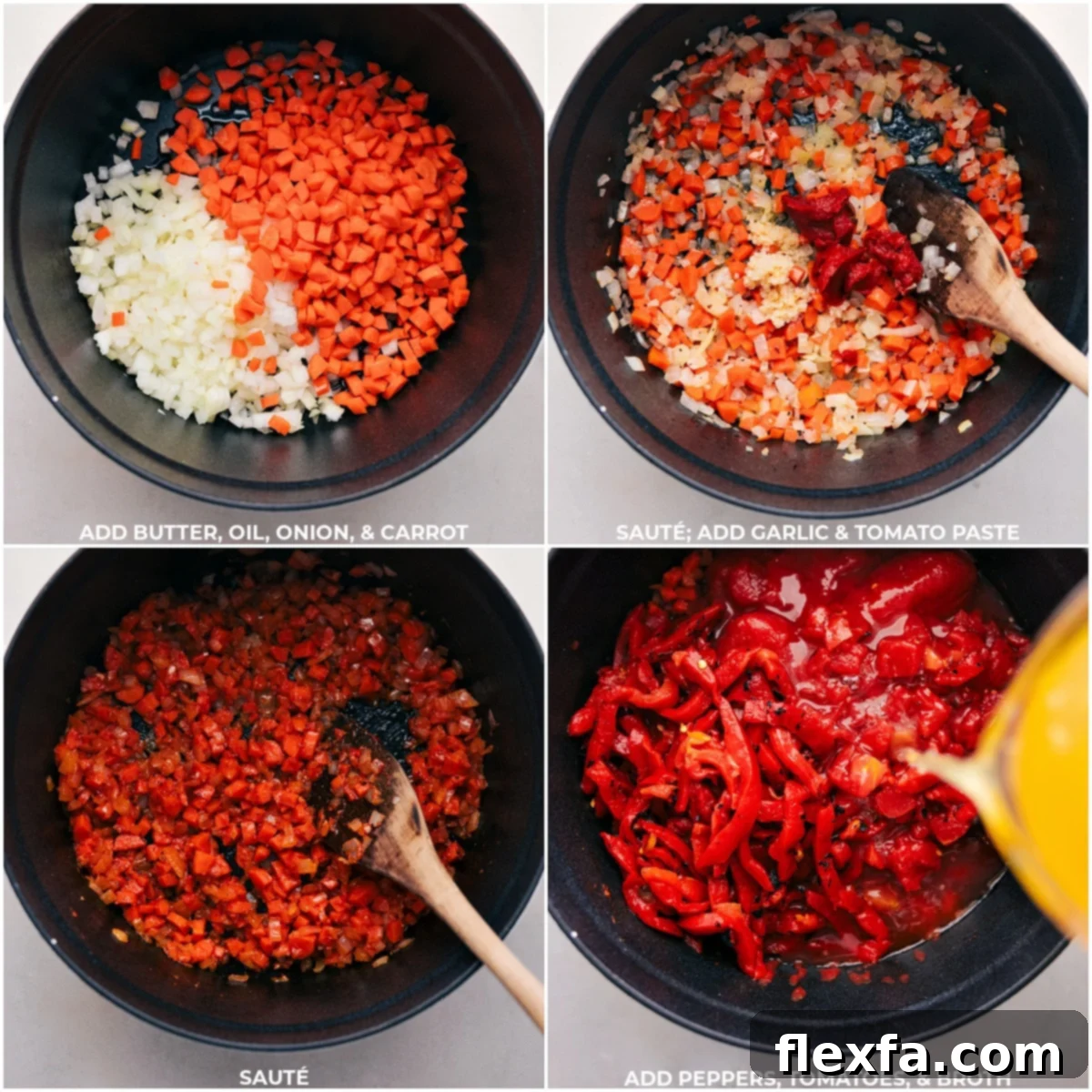 Step-by-step photos of making Roasted Red Pepper Soup, showing vegetables sautéing, then garlic and tomato paste being added, followed by the roasted peppers, tomatoes, and broth simmering in a large pot.