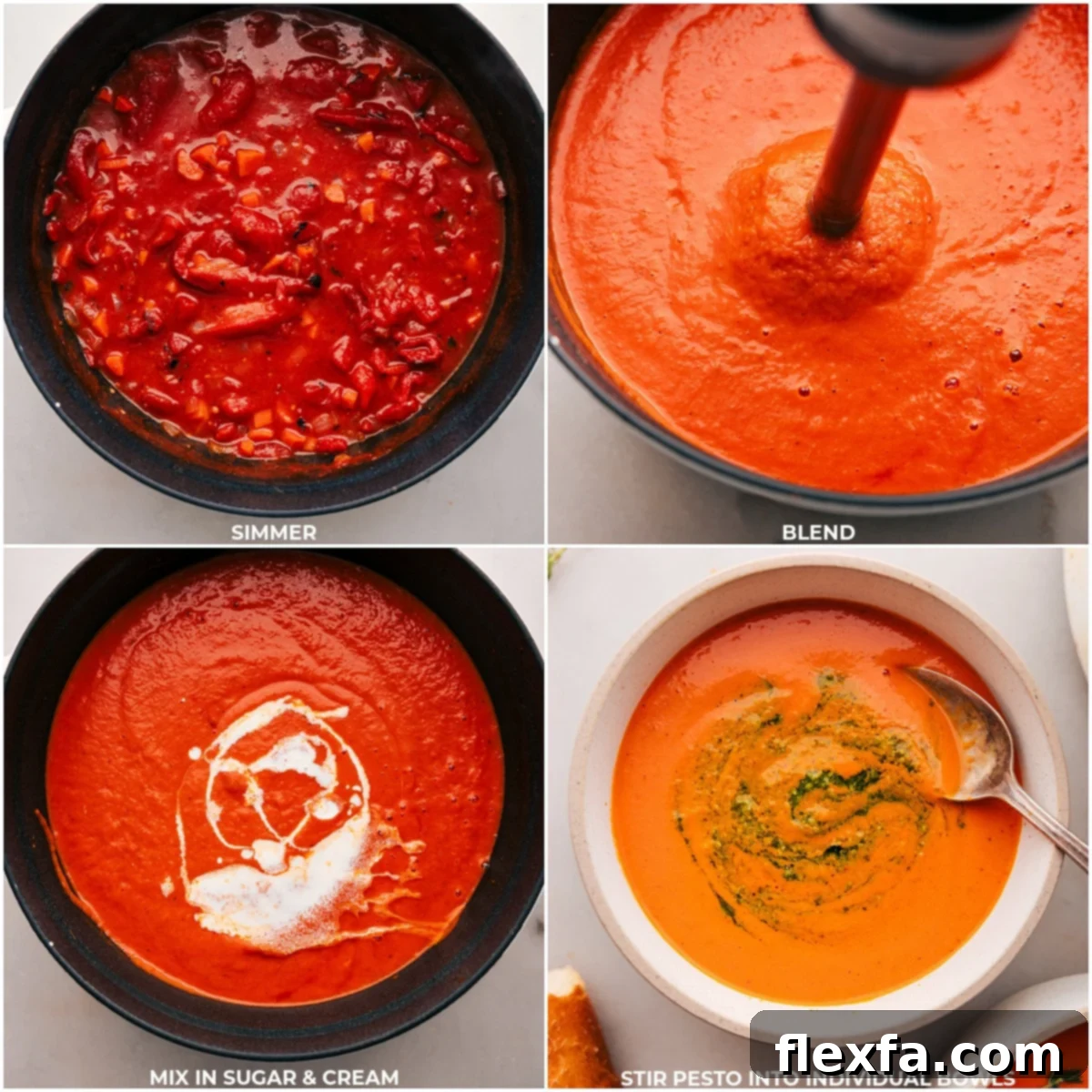 The process of blending Roasted Red Pepper Soup until smooth, followed by adding sugar and heavy cream to the finished soup.