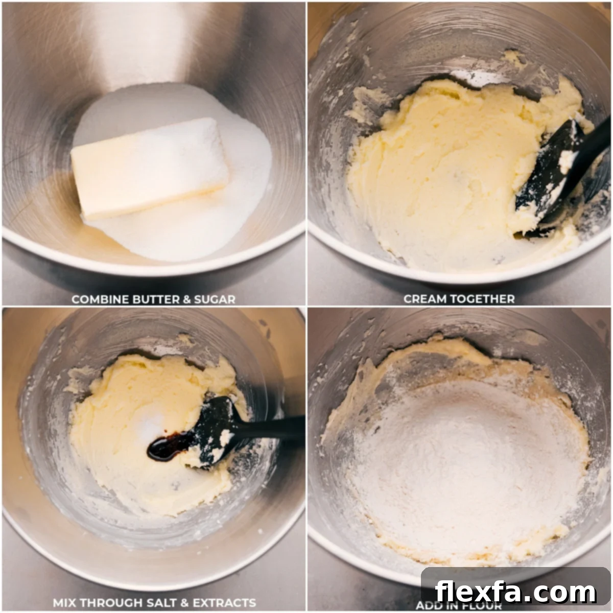Four images demonstrating the initial steps to make Costco's Raspberry Crumble Cookies: creaming butter and sugar, then adding salt, extracts, and finally flour to form the dough.