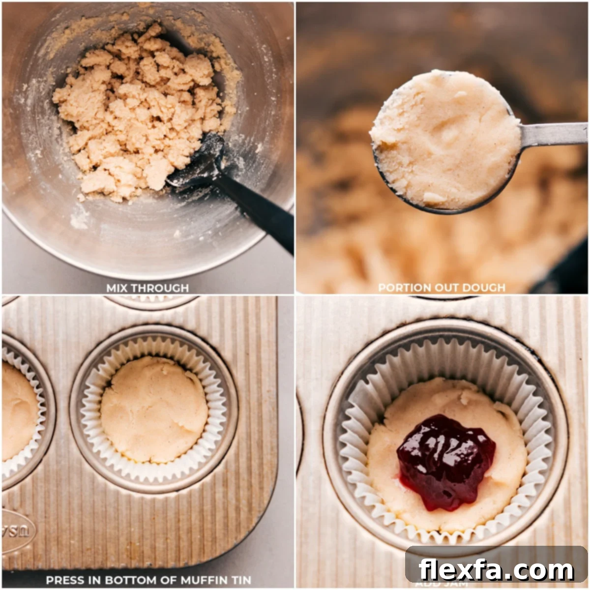 Four images demonstrating the final steps of making Costco Raspberry Crumble Cookies: pressing dough, adding jam, crumbling more dough, and baking to golden perfection.