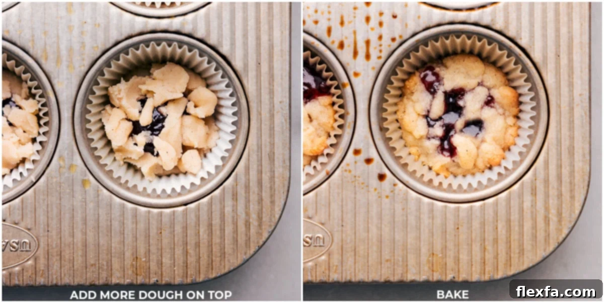 Costco's Raspberry Crumble Cookies in a muffin pan, freshly baked with golden edges and bubbling raspberry jam.