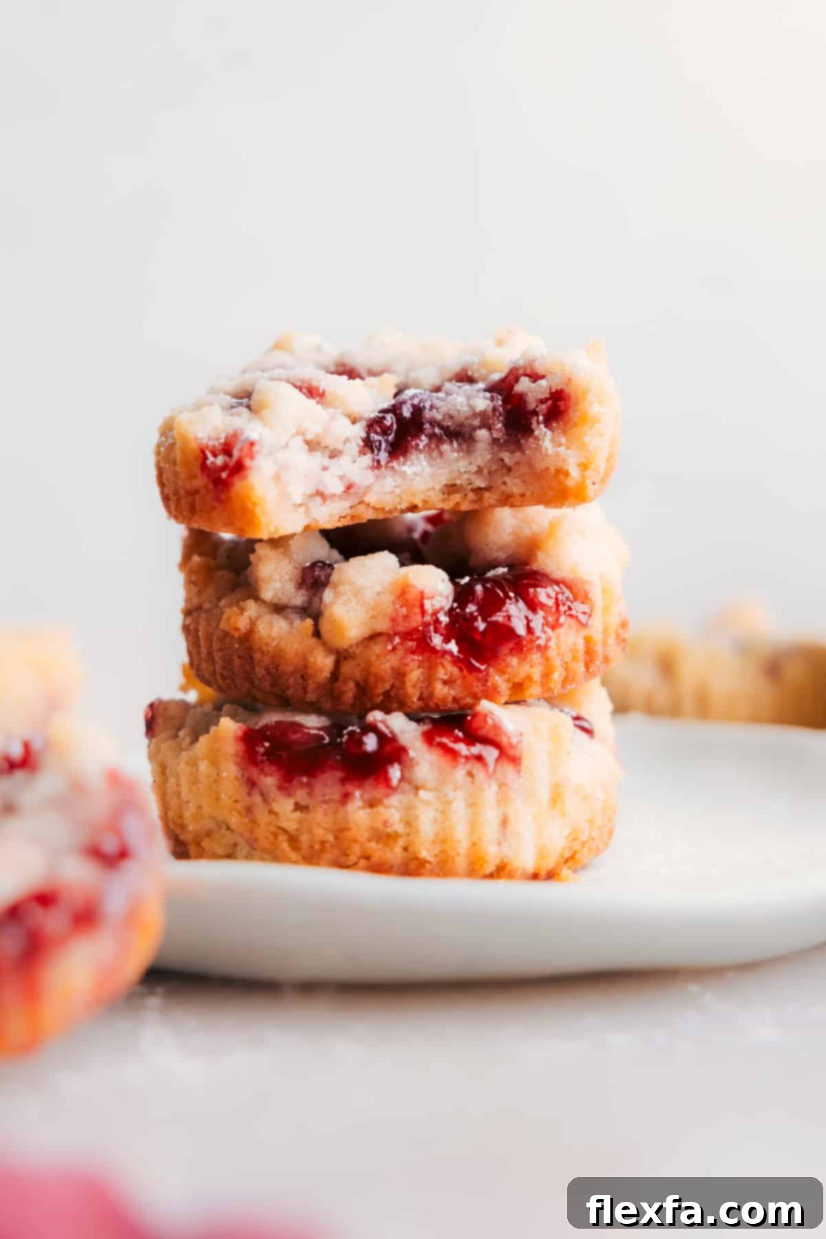 A stack of golden-brown Costco's Raspberry Crumble Cookies on a white plate, dusted with powdered sugar, ready to be enjoyed.