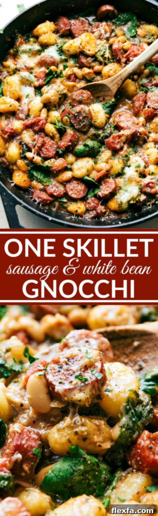 Only ONE skillet needed for a delicious 30 minute dinner recipe. Garlic, onion, sausage, white beans, gnocchi, tomatoes, and spinach plus spices and cheese mix together to make an incredible dinner in thirty minutes. Recipe via chelseasmessyapron.com