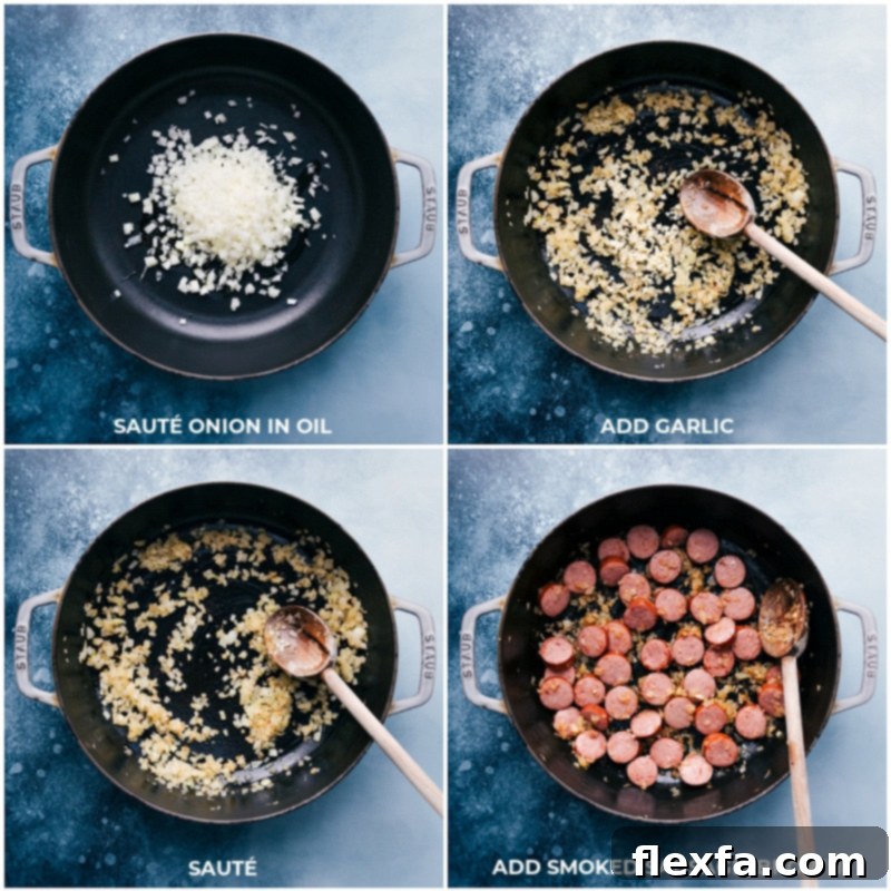 Process shot: Sautéing diced onions, minced garlic, and sliced smoked sausage in a large oven-safe skillet as the first step in making White Bean Gnocchi.
