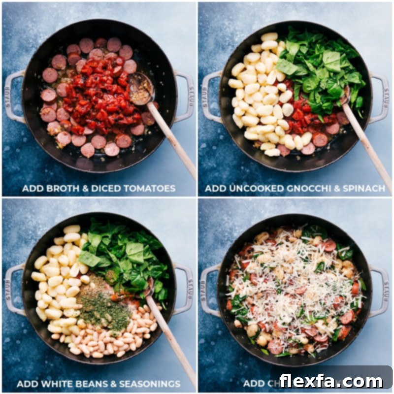 Process shot: All White Bean Gnocchi ingredients, including chicken stock, diced tomatoes, spices, white beans, uncooked gnocchi, and spinach, are combined in an oven-safe skillet before baking.