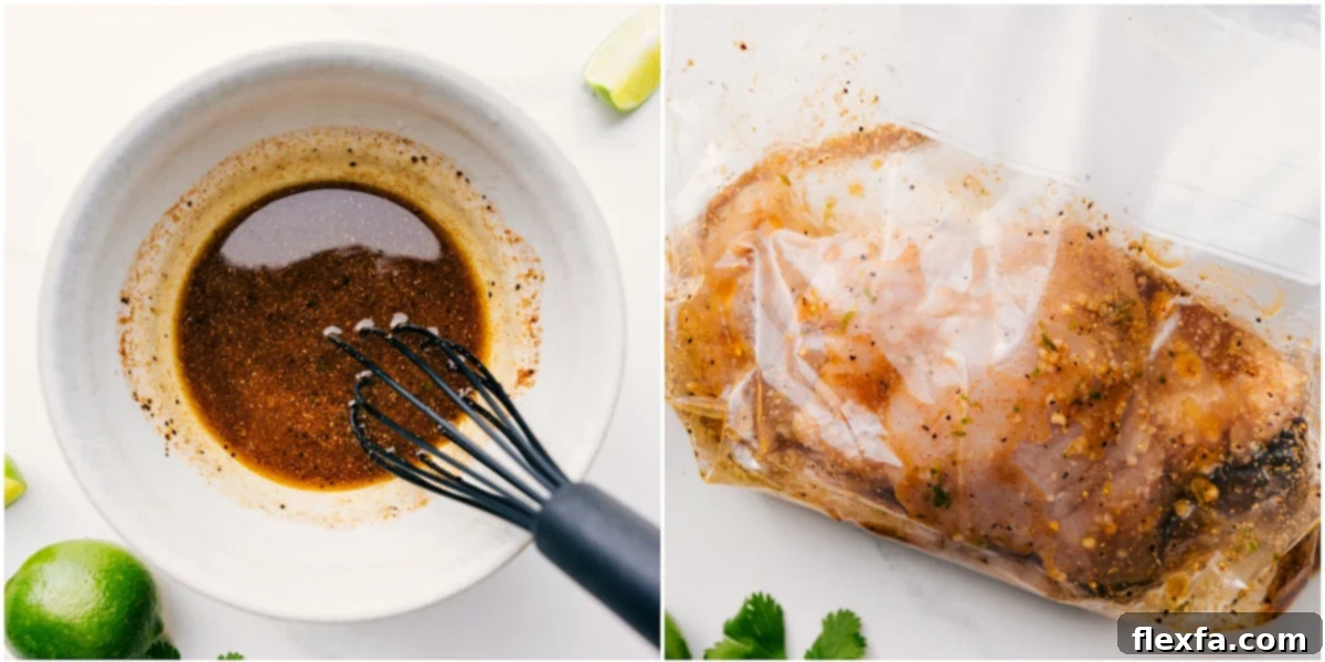 Preparing the pineapple chicken marinade by whisking together olive oil, lime juice, minced garlic, honey, ground cumin, and ground coriander in a mixing bowl. The savory marinade is then poured over chicken breasts in a large resealable bag to ensure even coating and flavor infusion.