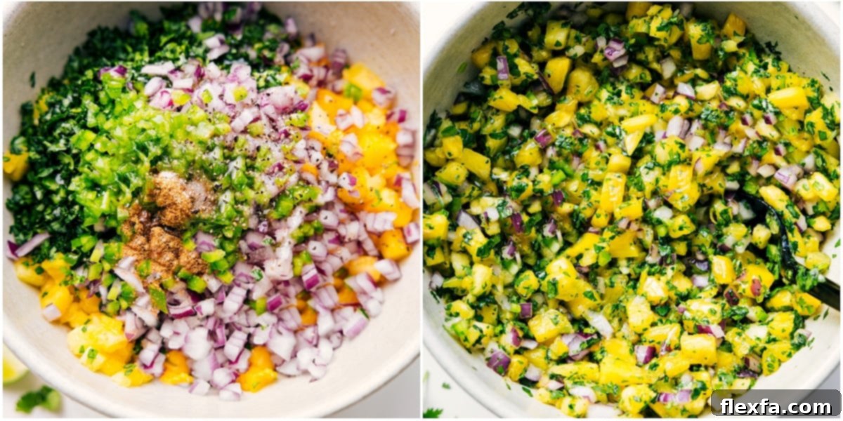 The process of crafting the fresh pineapple salsa: finely diced fresh pineapple, minced jalapeño, fresh cilantro, red onions, a generous squeeze of lime juice, and a dash of cumin are expertly mixed together in a vibrant bowl.
