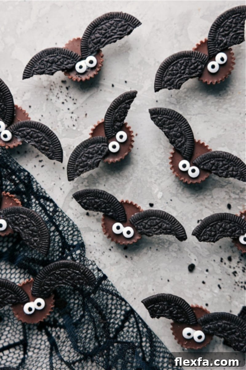 Overhead shot of adorable Bat Bites Halloween treats arranged on a platter.
