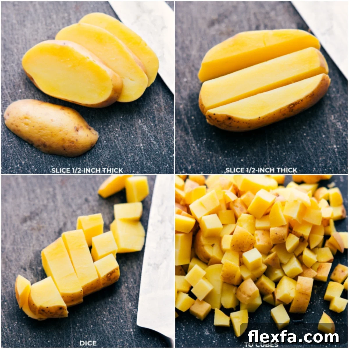 Gold potatoes being diced into uniform cubes on a wooden cutting board for Skillet Breakfast Potatoes.