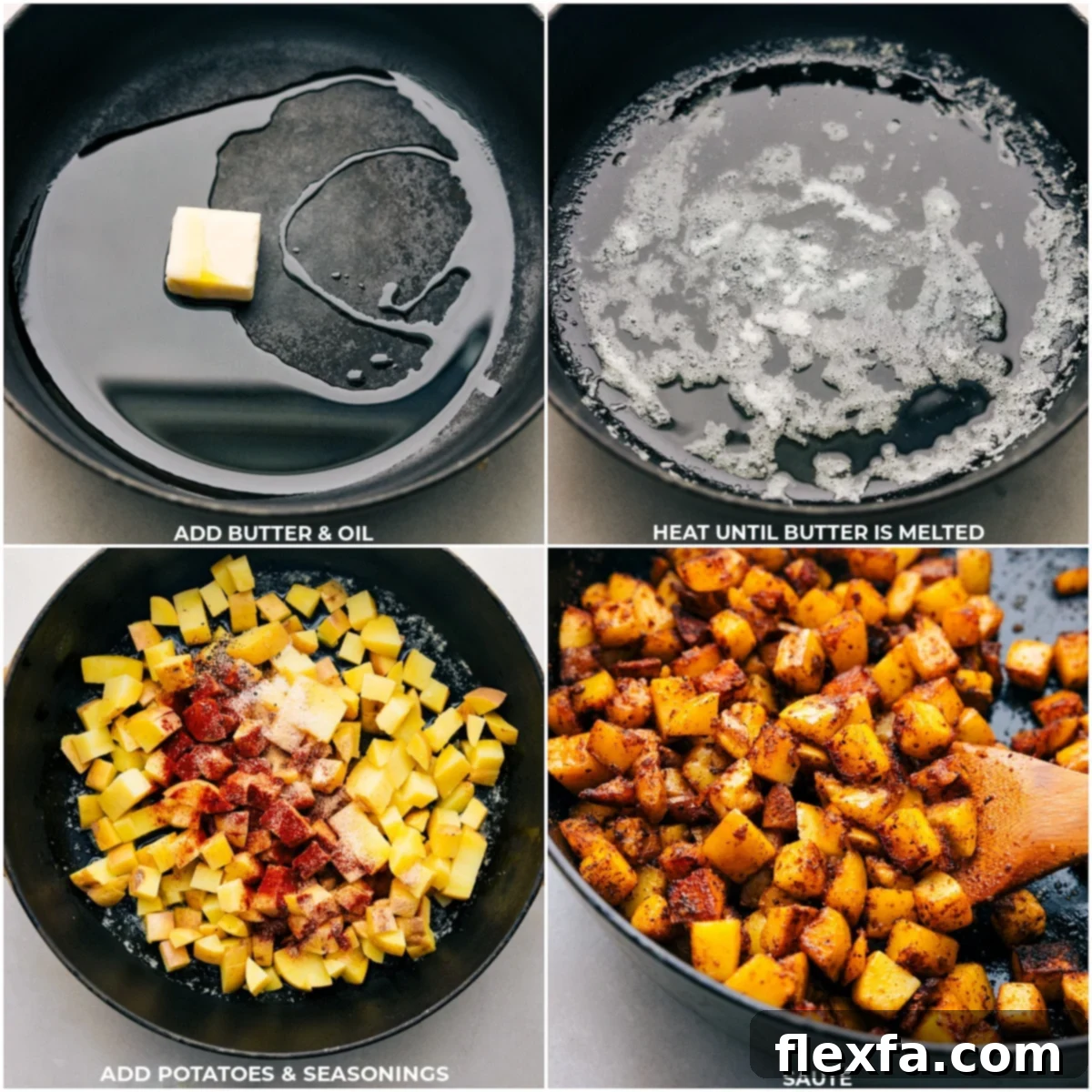 Butter, olive oil, diced potatoes, and seasonings cooking together in a large skillet, browning beautifully.