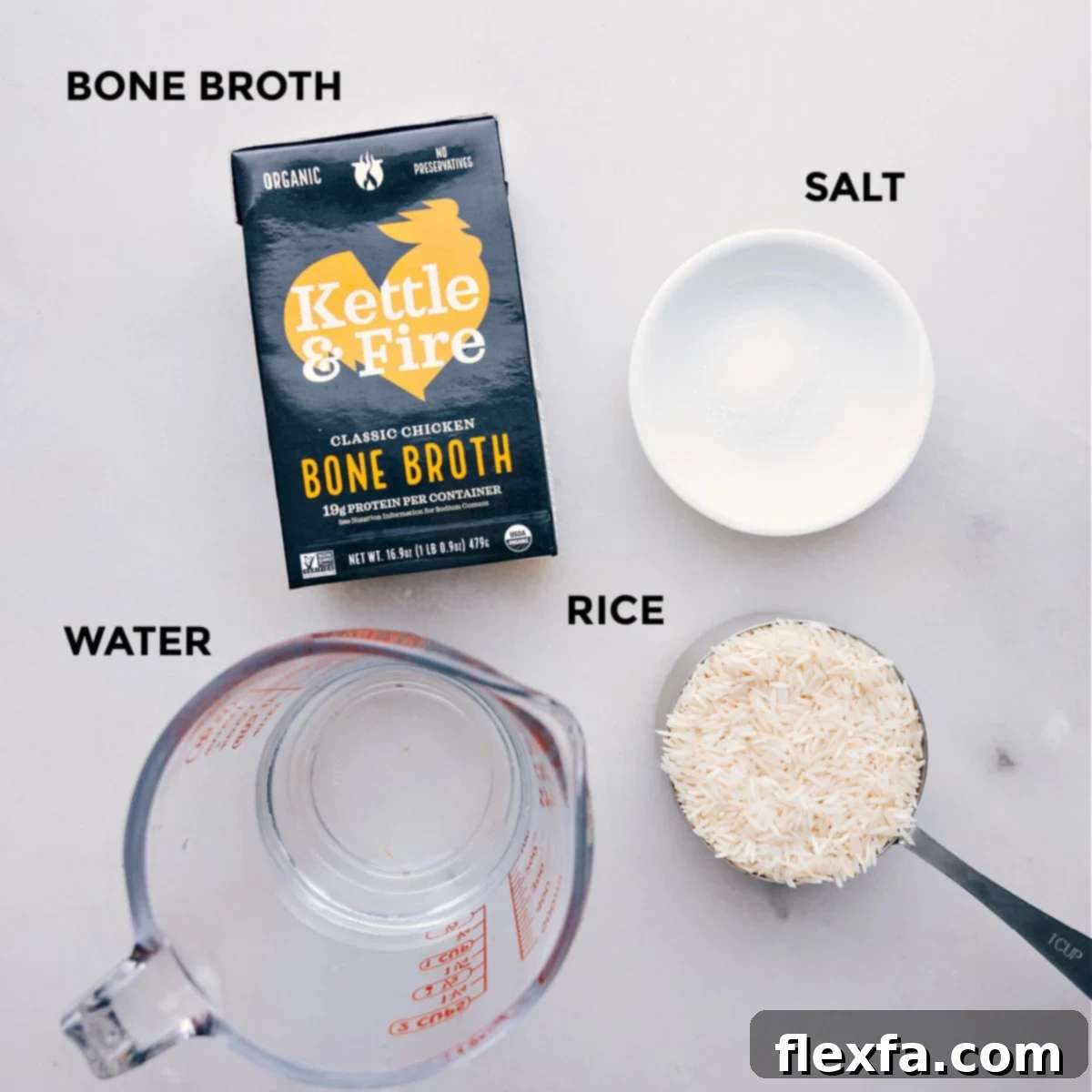 All the ingredients prepped out for easy assembly, including bone broth, water, rice, and salt.