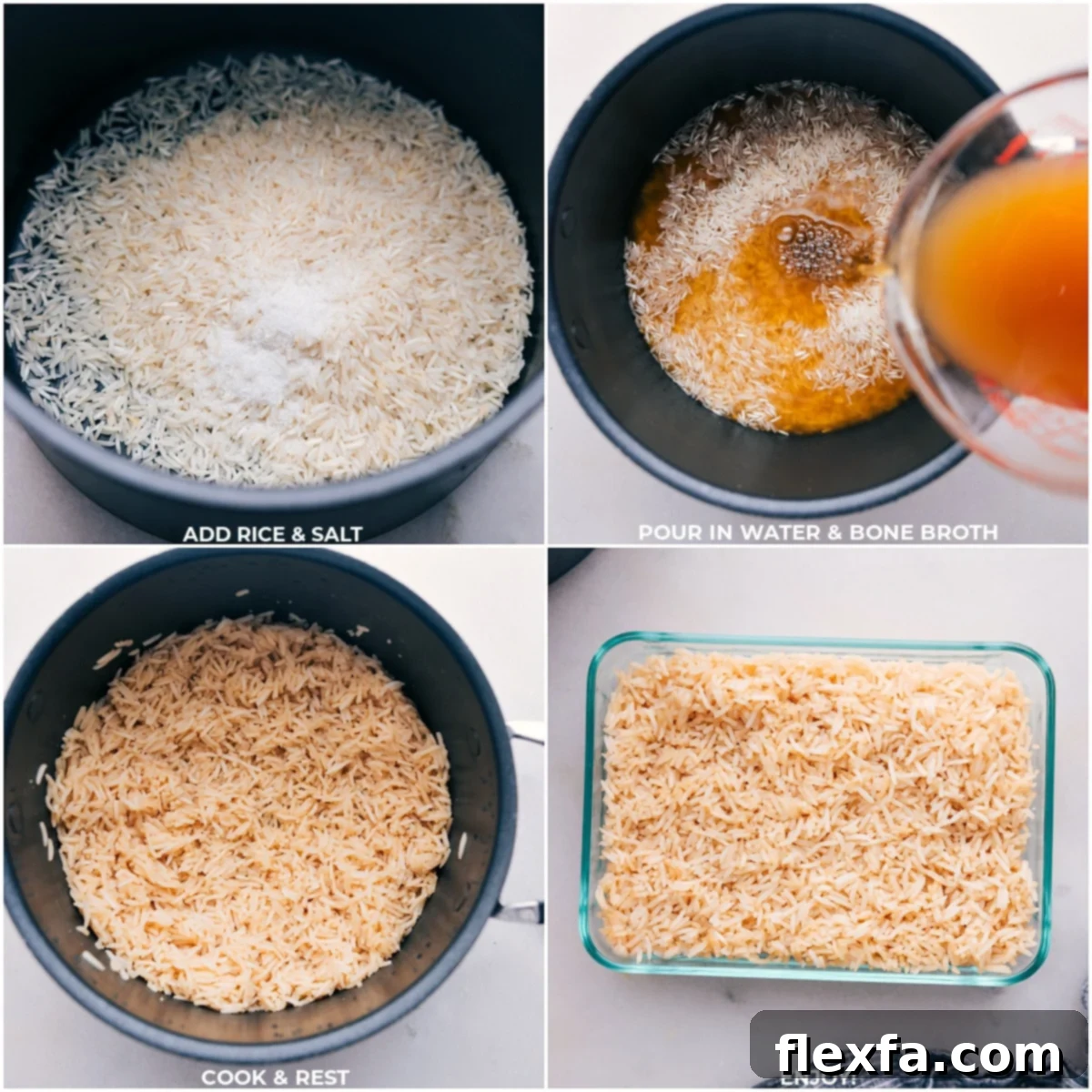 Rice, salt, water, and bone broth being added to a pot and the Bone Broth Rice being cooked to perfection, showcasing the cooking process.
