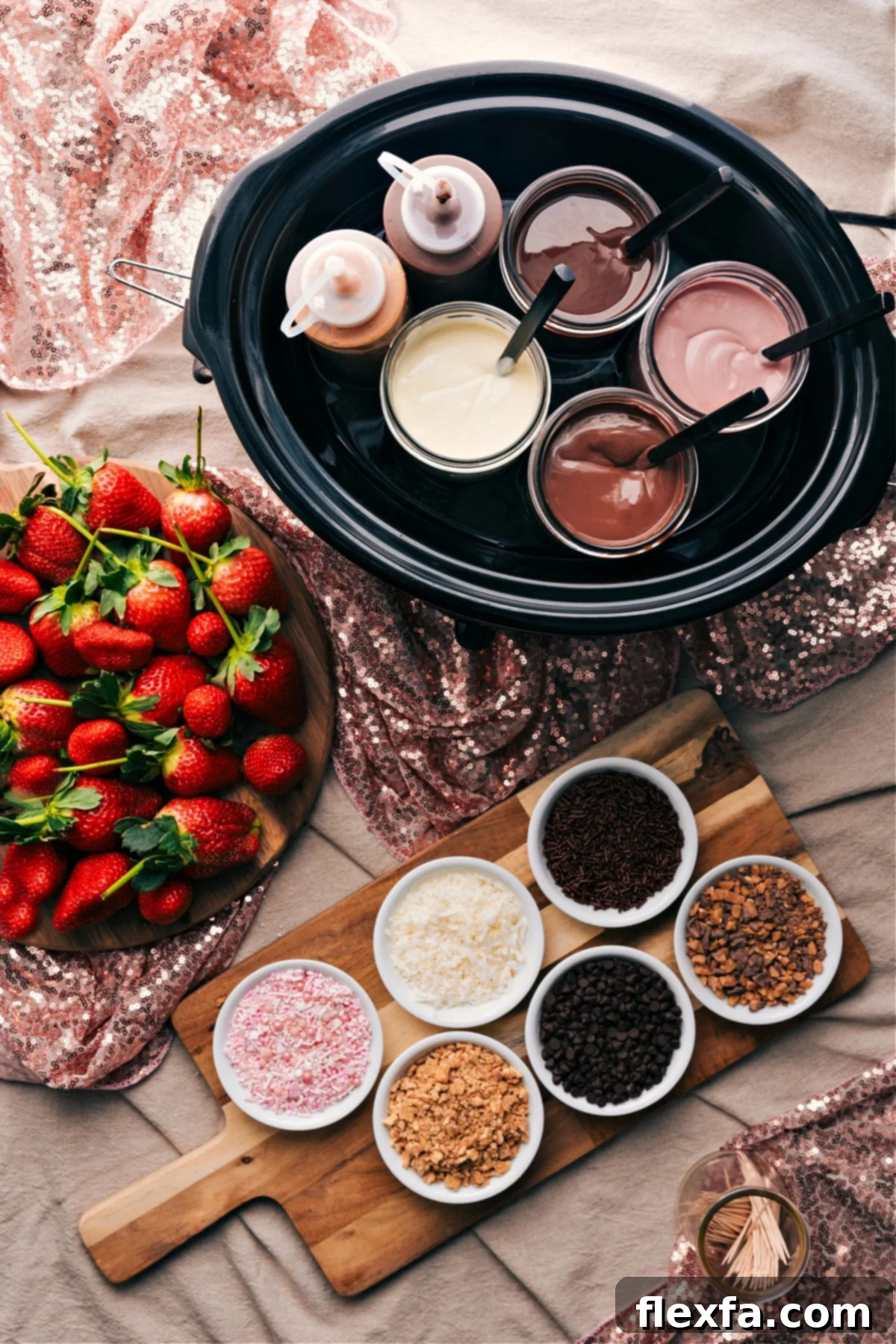 Chocolate-Covered Strawberry Dessert Bar all set up ready to go. Photo of a Chocolate-Covered Strawberry Dessert Bar with berries, sauces and toppings beautifully arranged.