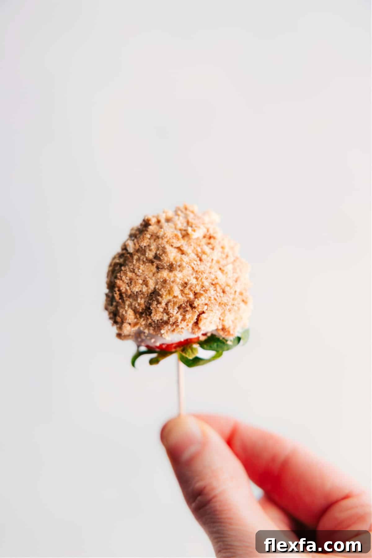 Our Favorite Chocolate Dipped Strawberries Closeup of a strawberry dipped in white chocolate and graham cracker crumbs, ready to be enjoyed.