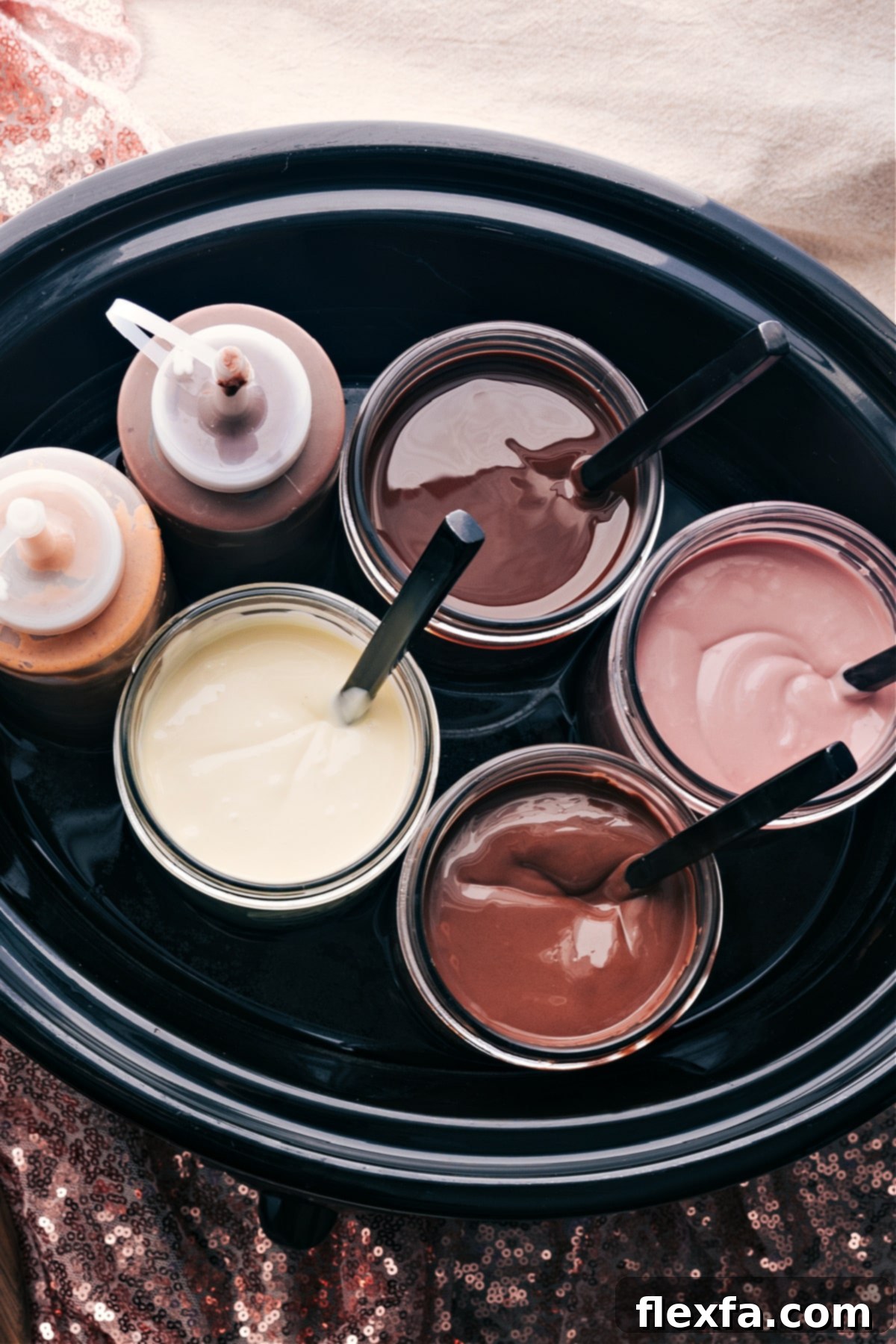 Delicious Chocolate-Covered Strawberry Dessert Bar. A slow cooker filled with warm water to keep the bottles of chocolate warm and gooey for the dessert bar.