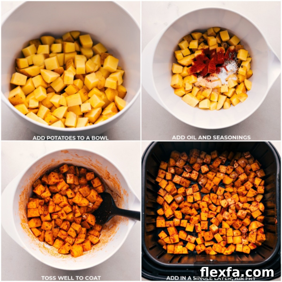 Photo showing the steps of making Air Fryer Breakfast Potatoes: adding uniformly cut potatoes to a bowl, drizzling with oil and seasonings, then transferring them to a preheated air fryer basket in a single layer.