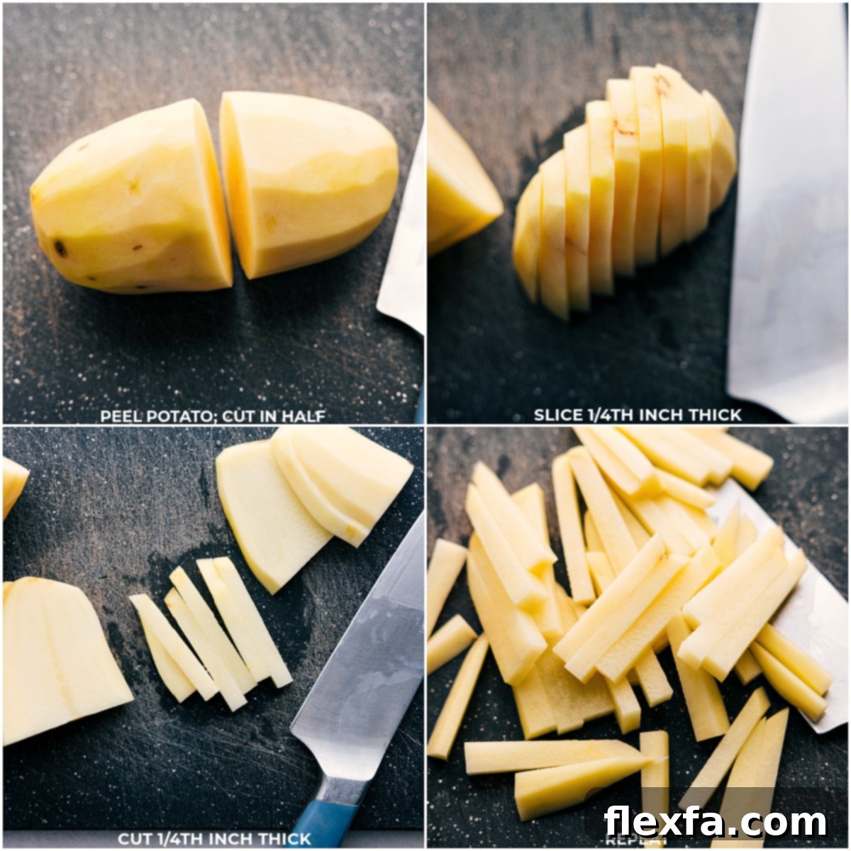Crispy Air Fryer Fries Preparation Russet potatoes being precisely sliced into uniform strips, a crucial step for achieving perfect Air Fryer Fries.