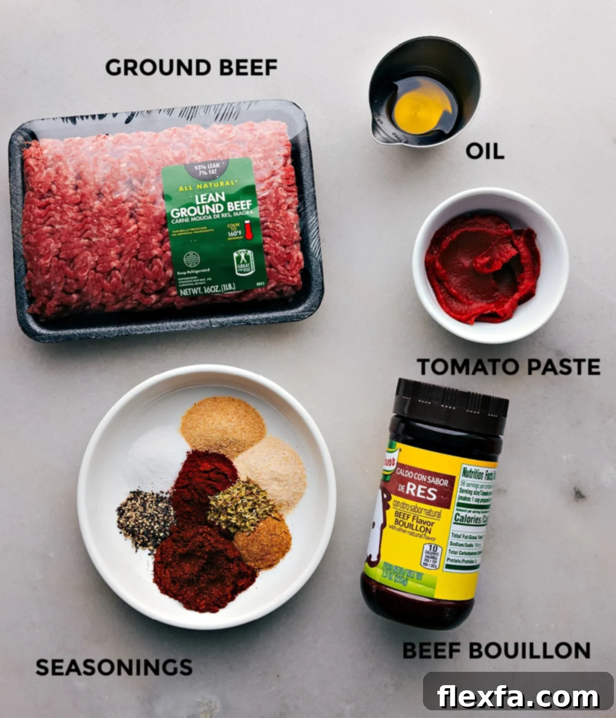 All the ingredients used in this recipe prepped out for easy assembly on a wooden board.