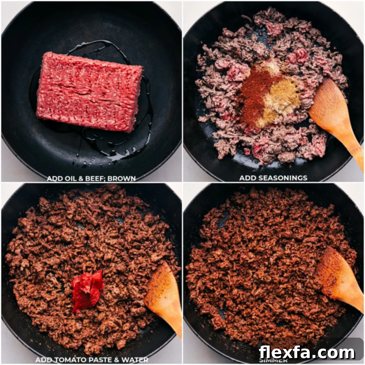 Beef, seasonings, tomato paste, and water being added to the skillet for this Taco Meat Recipe, showing the cooking process.