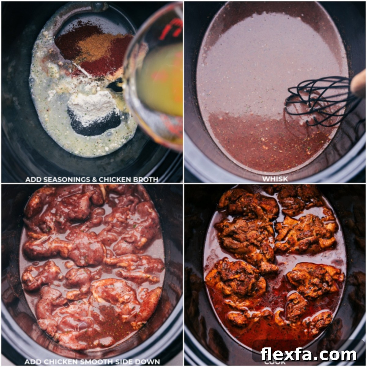 Easy Crockpot Chicken Tacos Preparation Photo collage showing the seasonings, chicken broth, and chicken being added to the crockpot for these Crockpot Chicken Tacos, illustrating the simple preparation.
